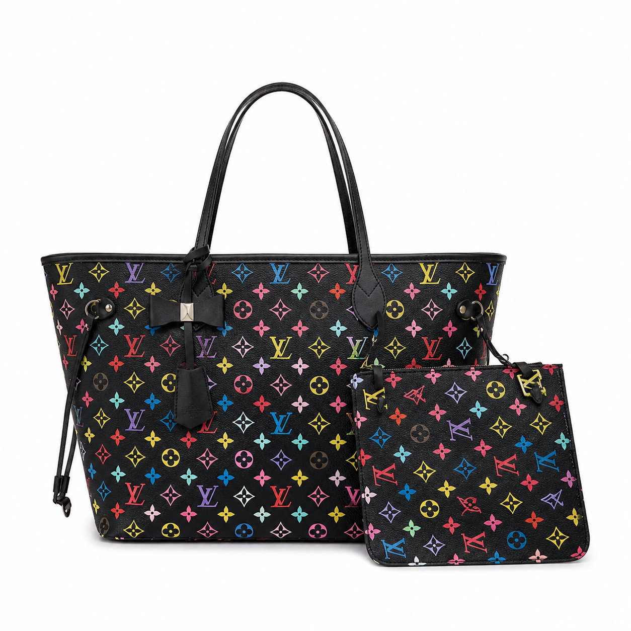 YSL Black Multicolor Monogram Coated Canvas Game On Neverfull MM Gold Hardware