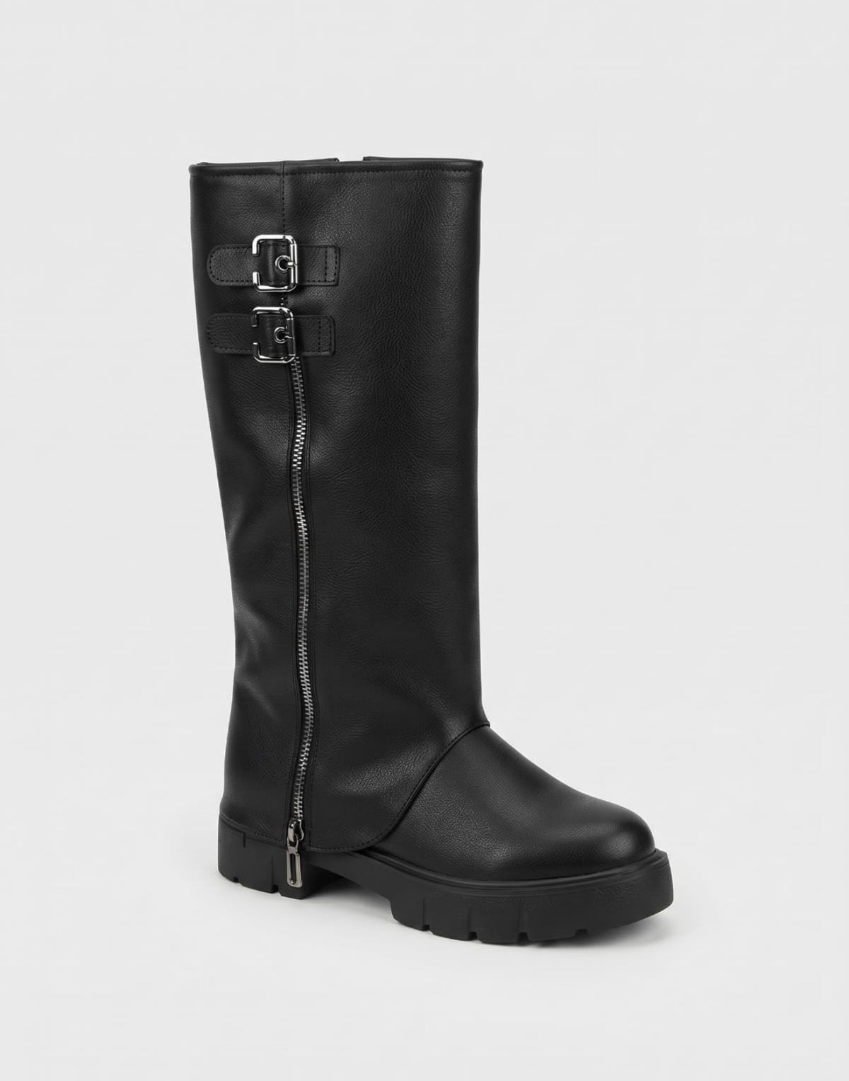 Women’s Black Knee-High Buckle Boots – Chunky Sole