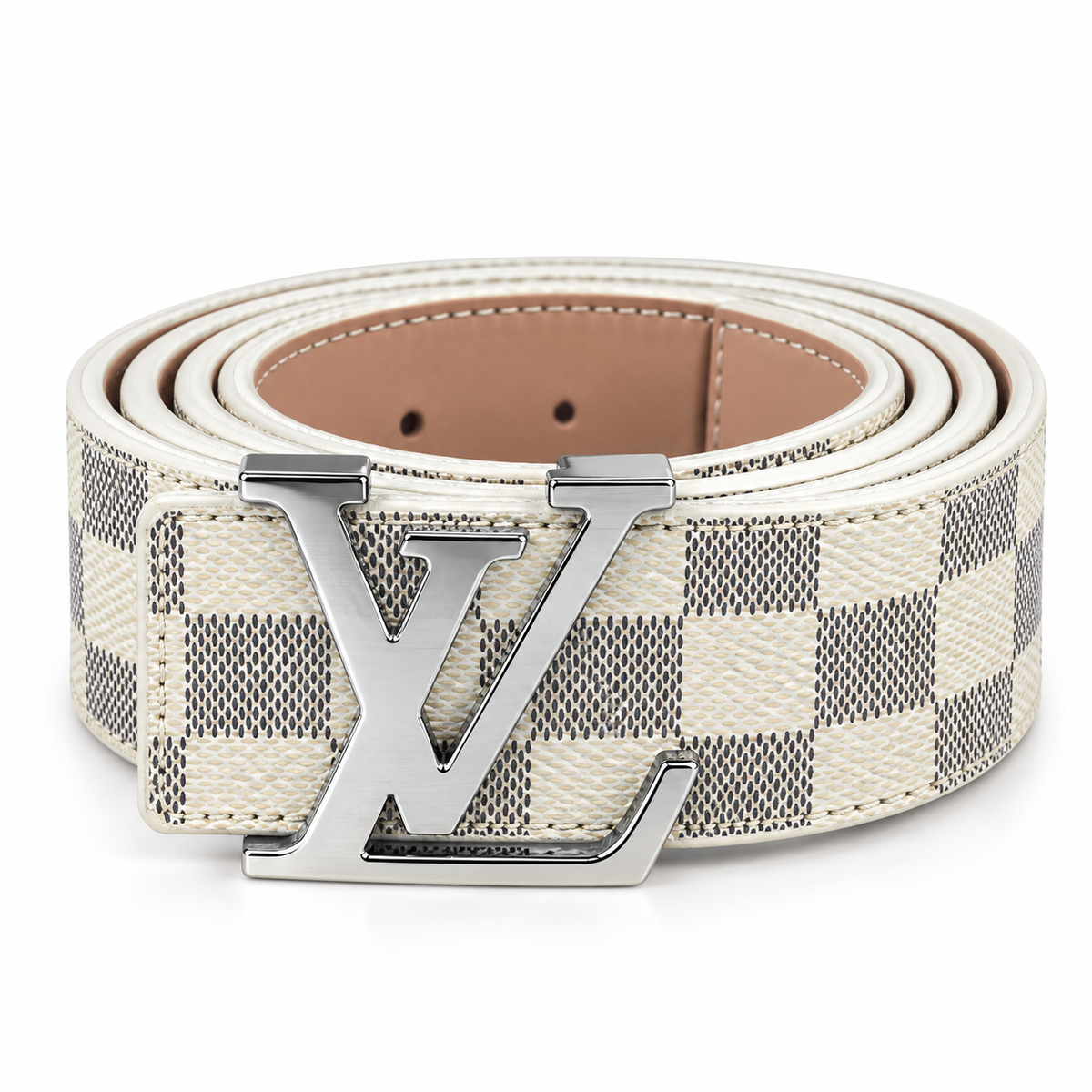 White Checkered Belt with Gold-Tone LV Buckle – Elegant Luxury Style