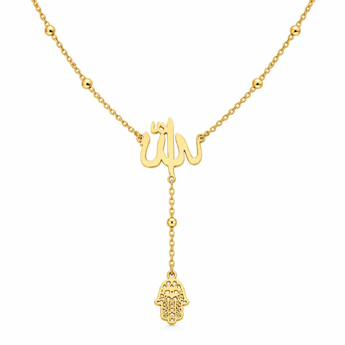 Elegant Gold-Tone Arabic Calligraphy Necklace with Hamsa Pendant