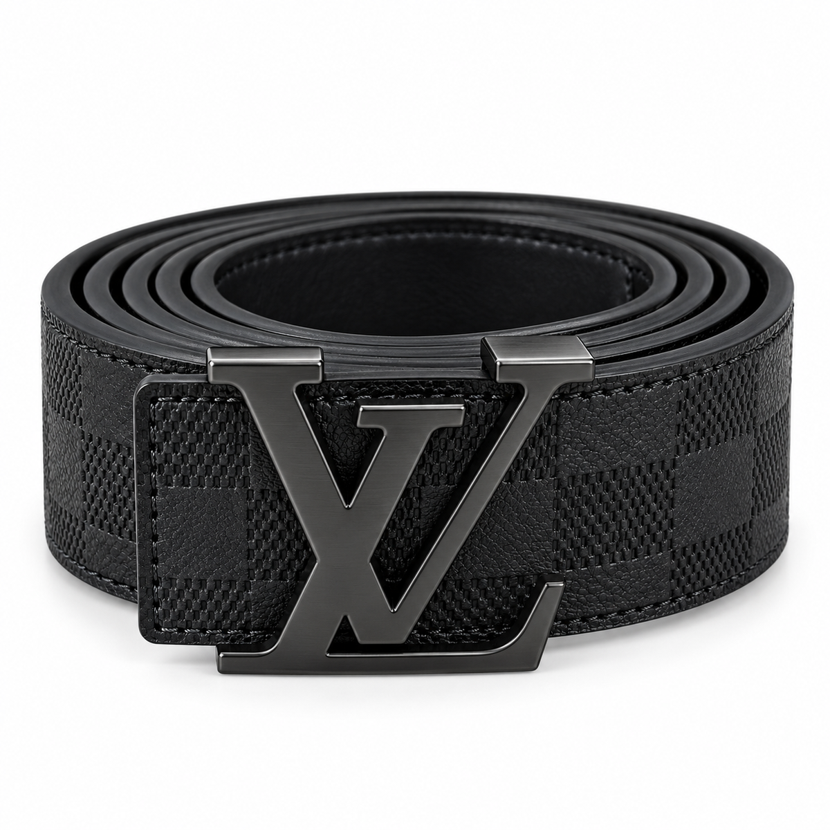 Black Textured Leather Belt with Silver-Tone LV Buckle – Luxury Style