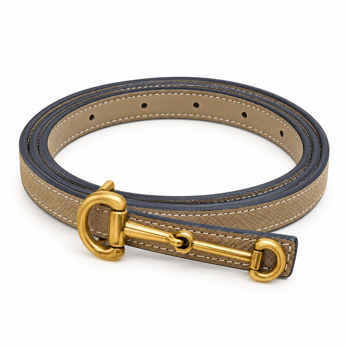 Elegant Leather Belt with Gold-Tone Buckle – Navy Blue Trim