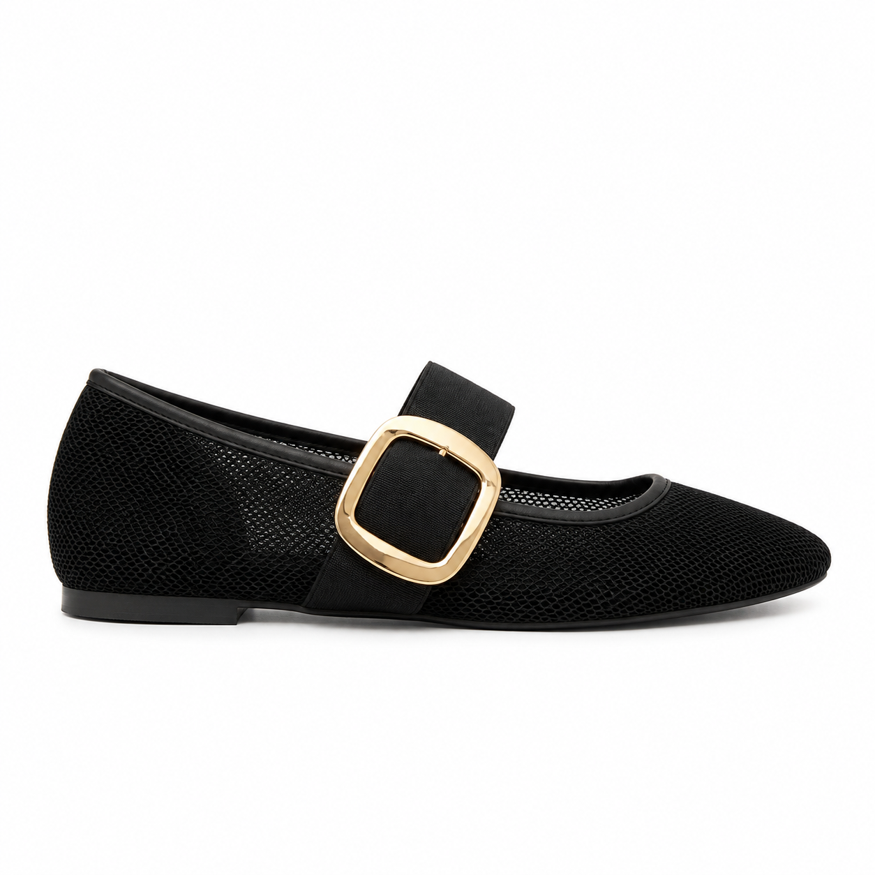Elegant Mesh Mary Jane Flats – Black with Gold Buckle