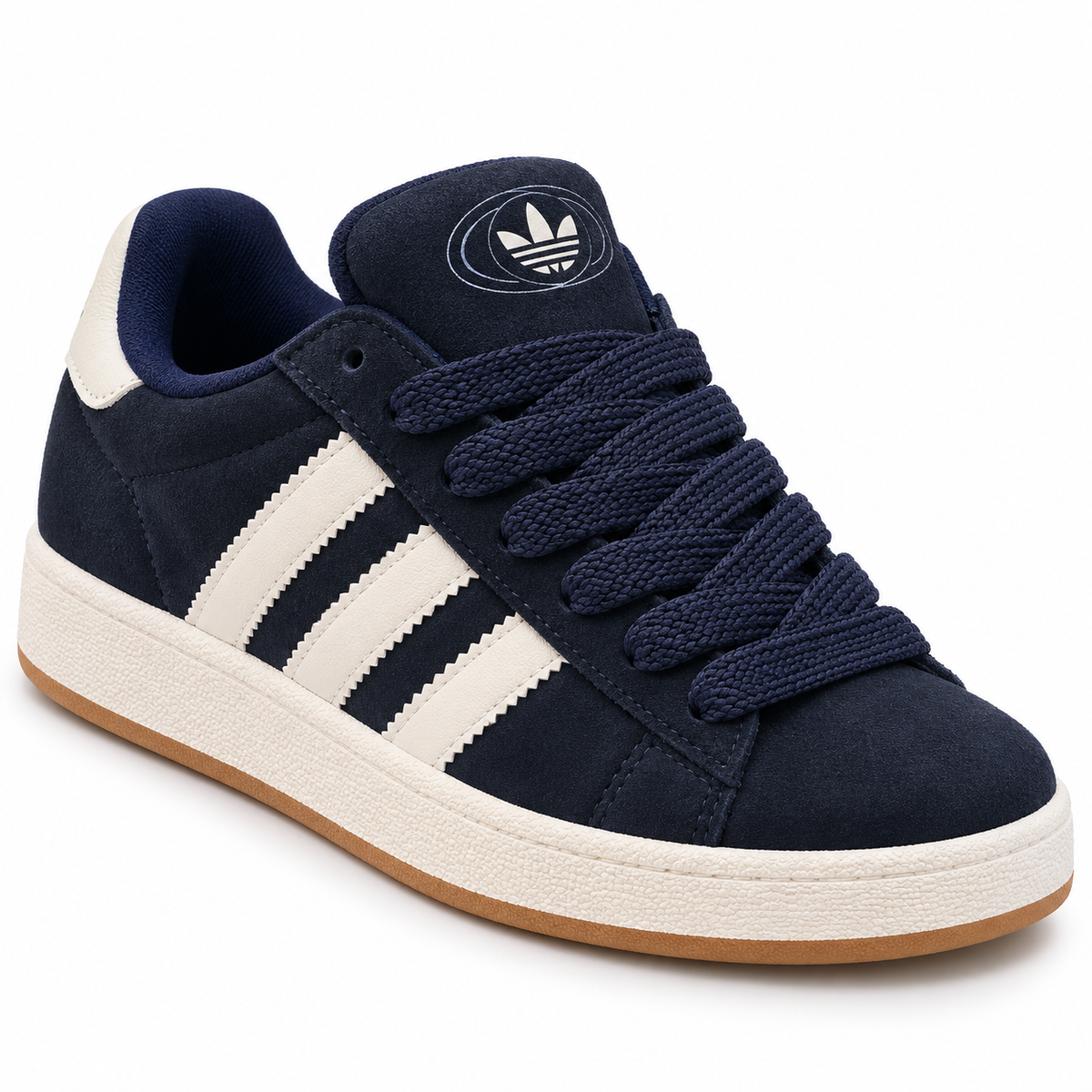 Adidas Navy Blue Suede Sneakers with White Stripes & Gum Sole