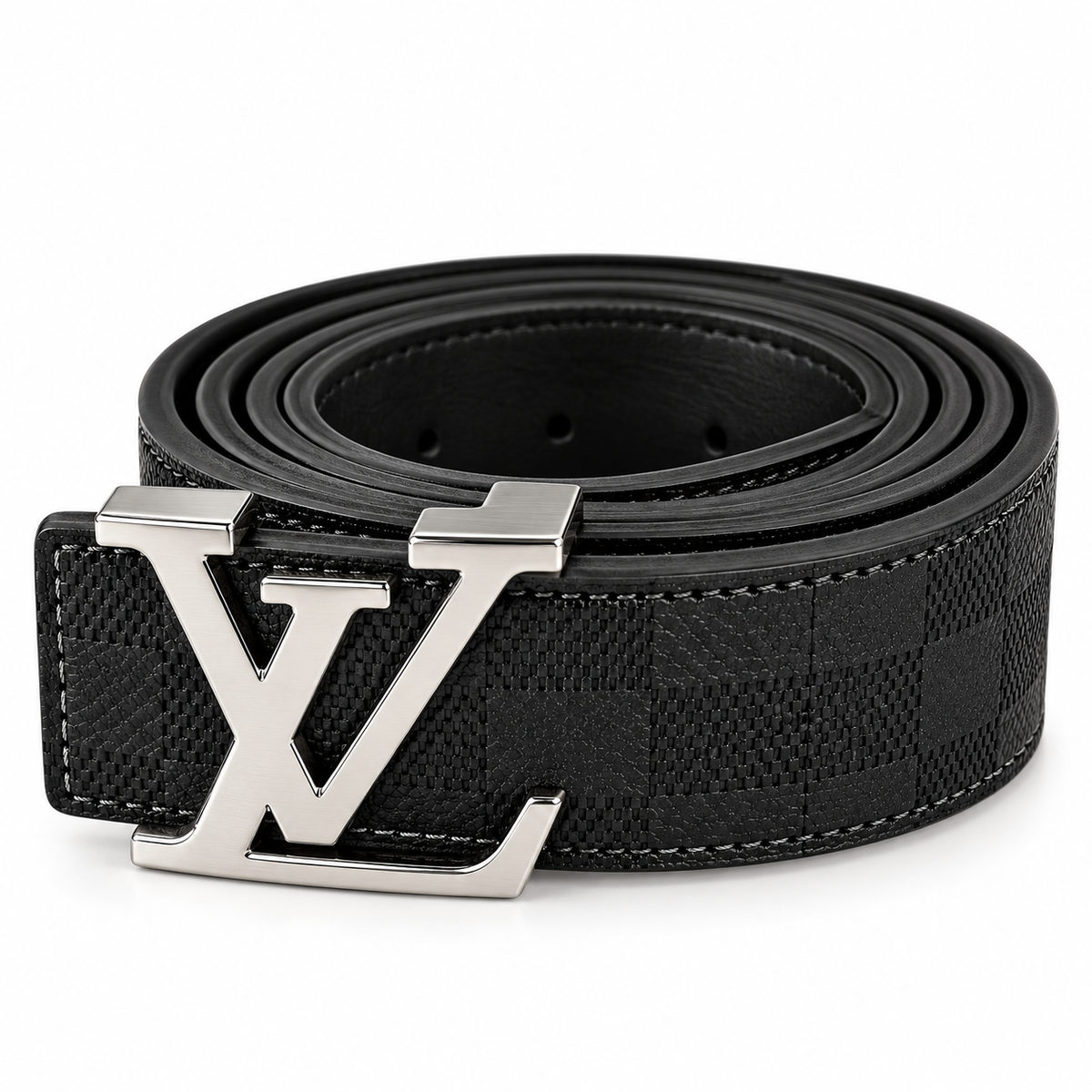 Black Textured Leather Belt with Silver-Tone LV Buckle – Luxury Style