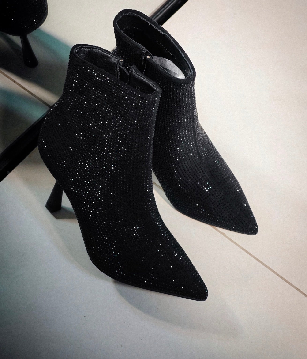 Black Rhinestone High-Heel Ankle Boots