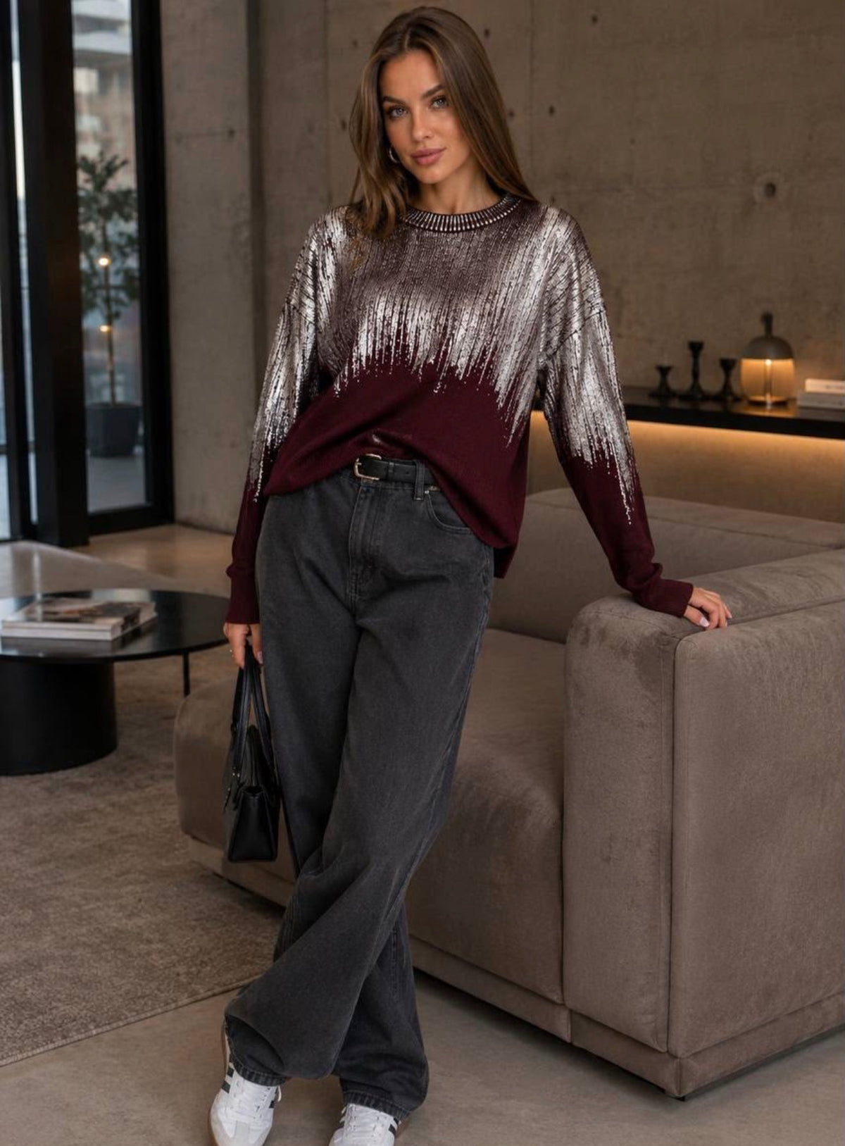 Burgundy & Silver Metallic Gradient Sweater