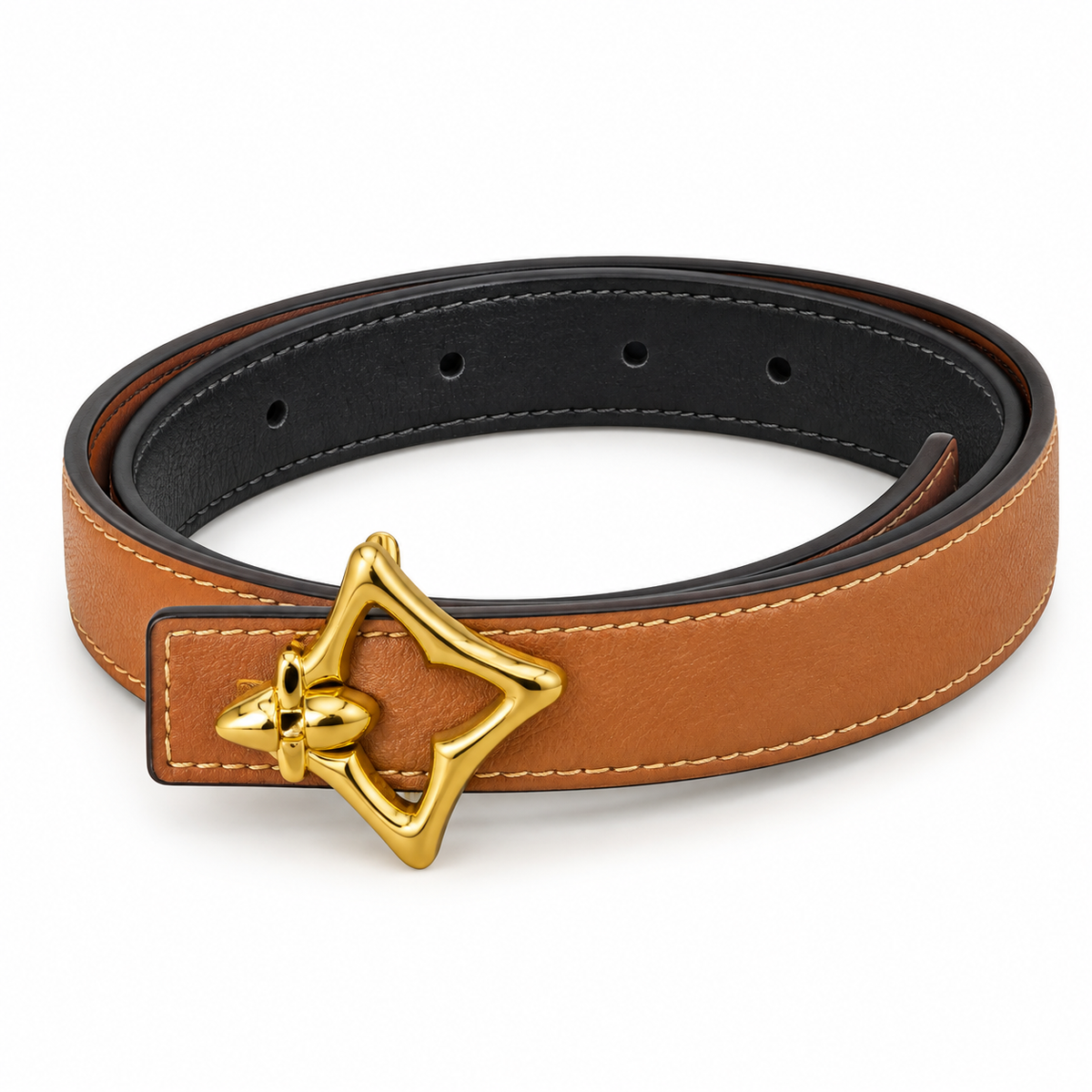 Havane Leather Belt with Gold-Tone LV Buckle – Monogram Design
