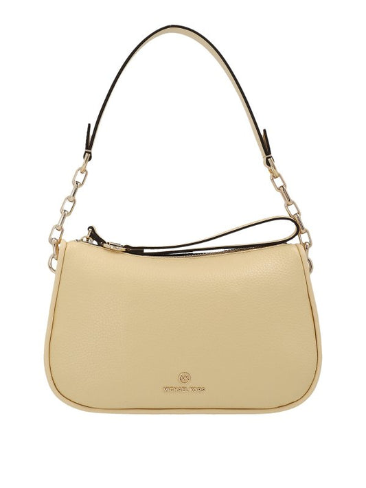 Leather shoulder bag featuring zip closure, leather details and puller, leather and chain handle and front metal logo application.