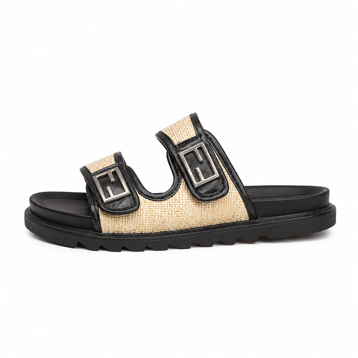 Elegant Raffia Double-Buckle Slide Sandals