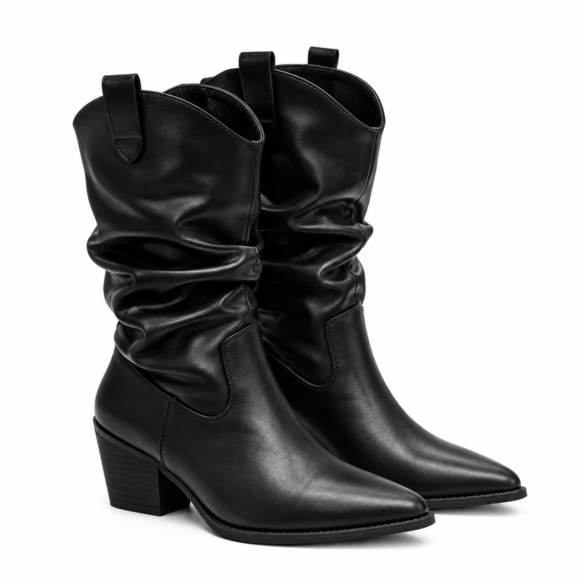 Black Slouchy Leather Cowboy Boots