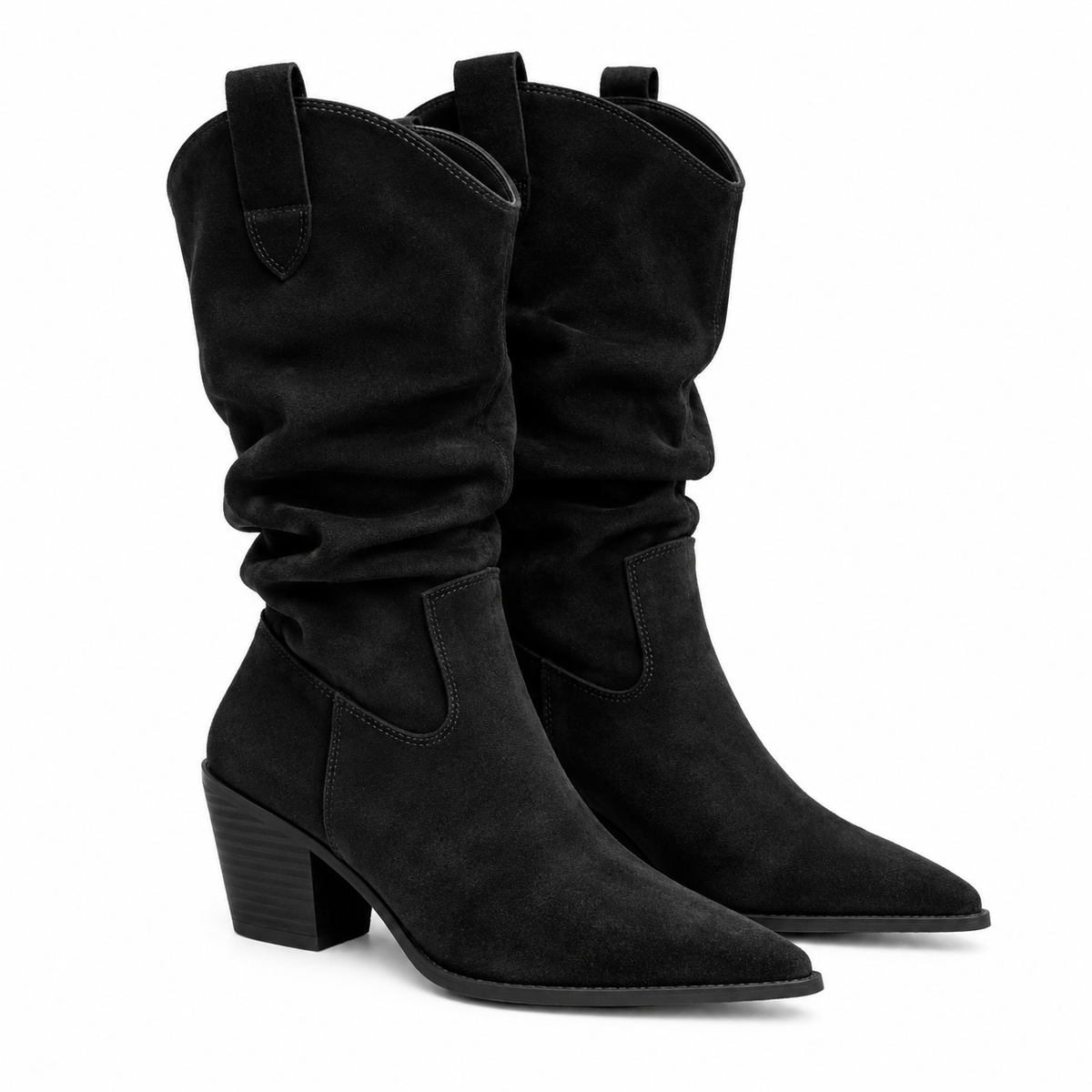 Black Slouchy Leather Cowboy Boots