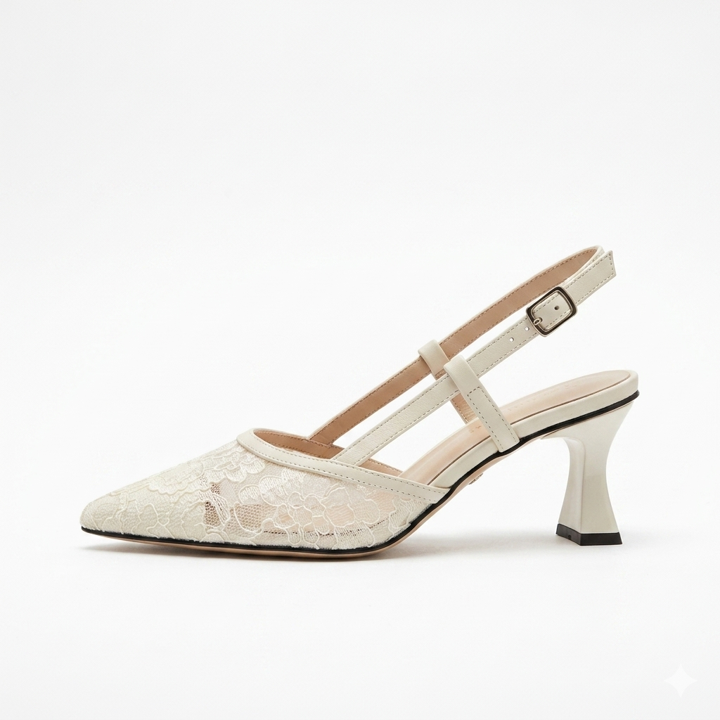 White Lace Mesh Slingback Kitten Heels