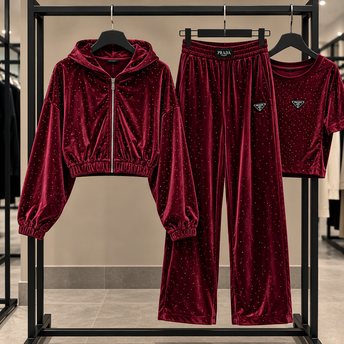 Velvet Burgundy Rhinestone Tracksuit Set