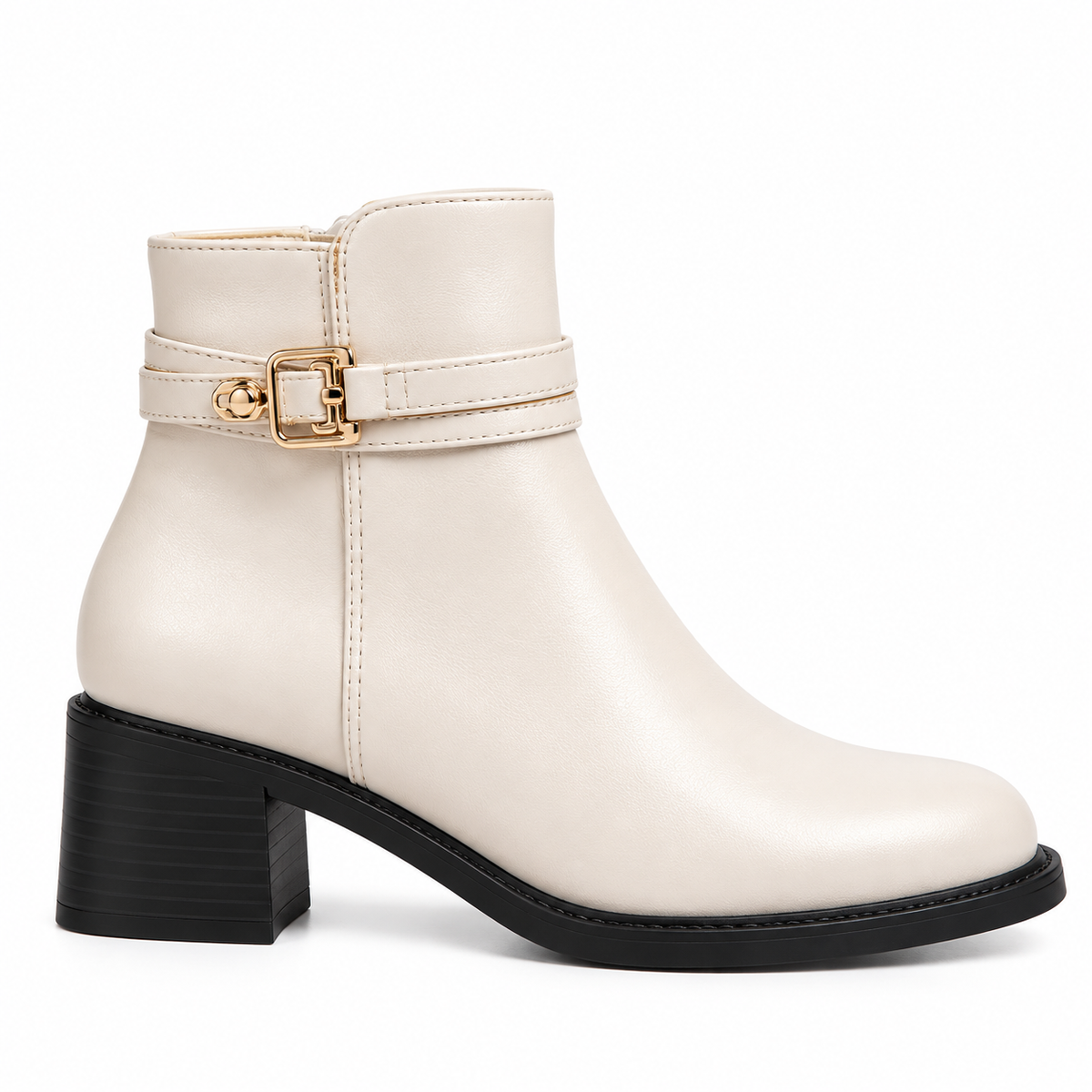 Ivory Ankle Boots Gold Buckle Detail