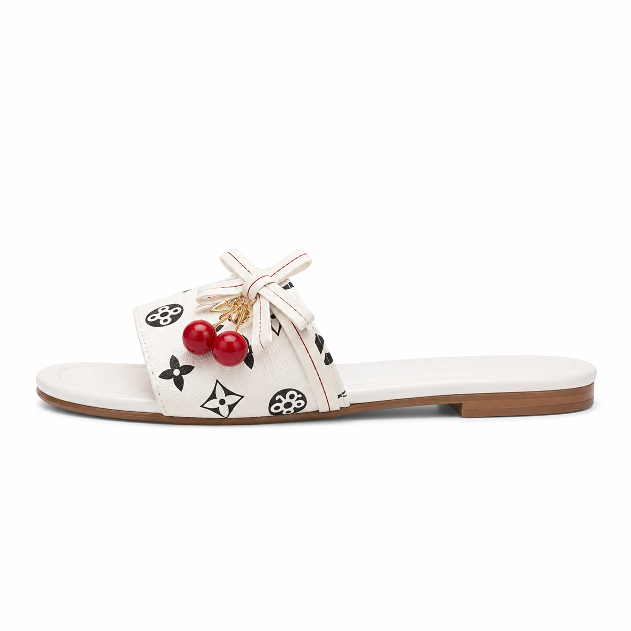 Women’s White Cherry Bow Flat Slide Sandals