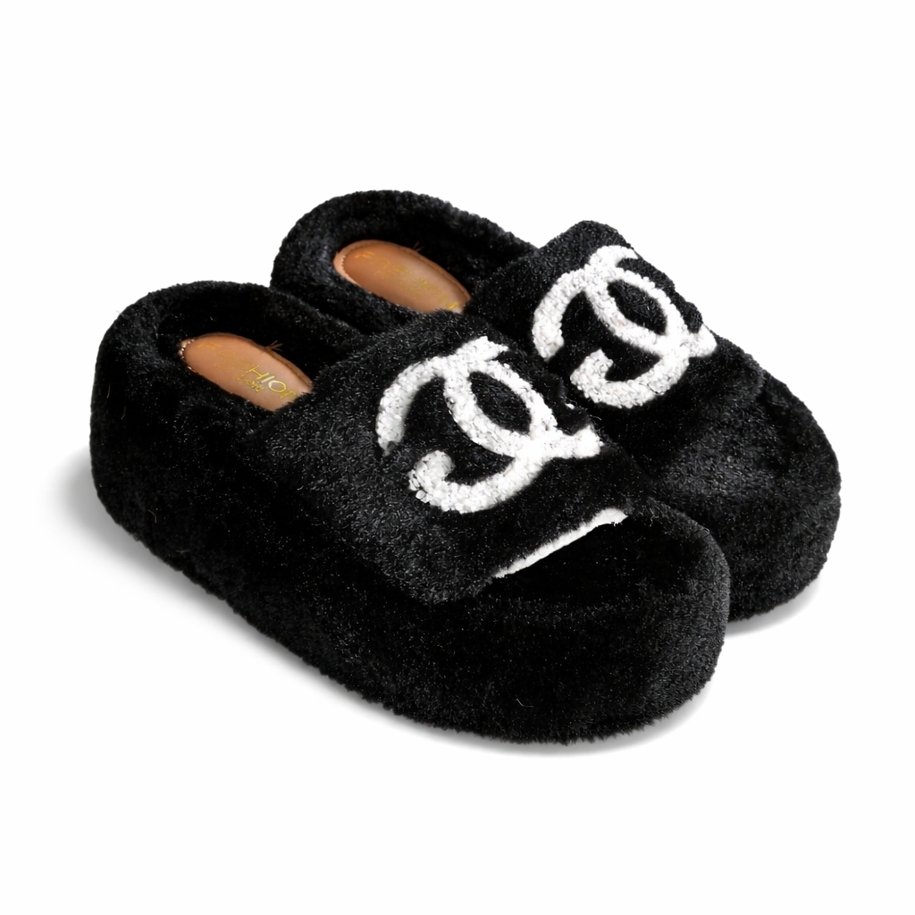 Black Faux Fur Slippers