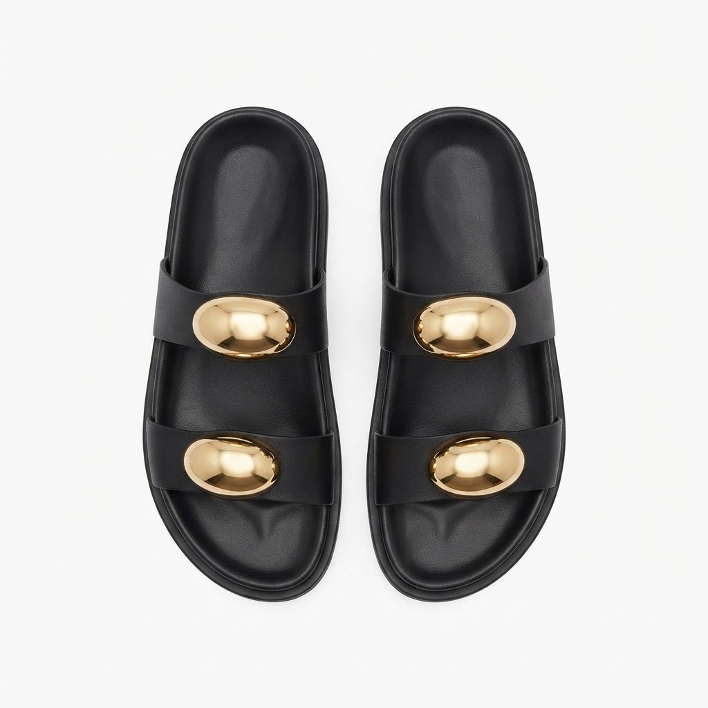 Women’s black Double-Strap Slide Sandals with Gold Oval Accents