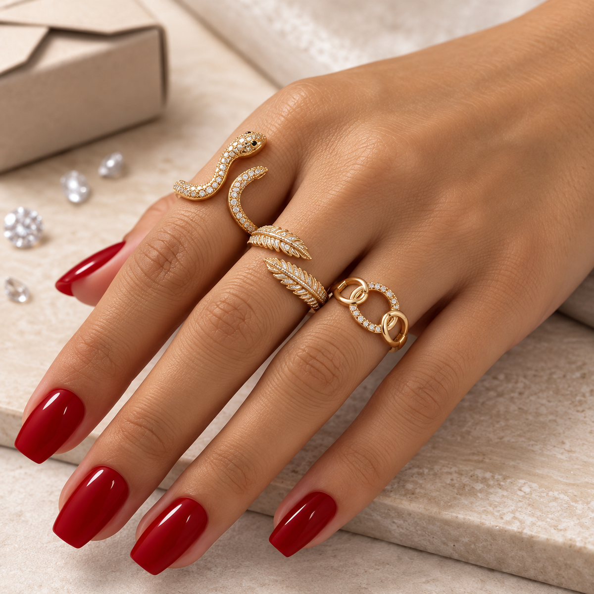 Luxury Gold-Tone Crystal Ring Collection – 4 Elegant Designs