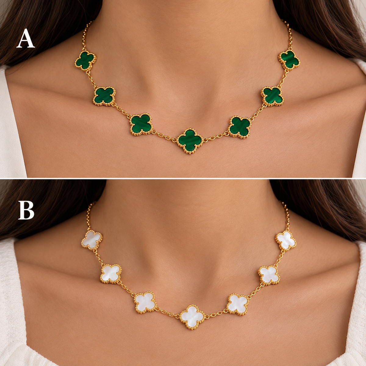 Gold-Tone Clover Necklace – Green & White Options (A & B)