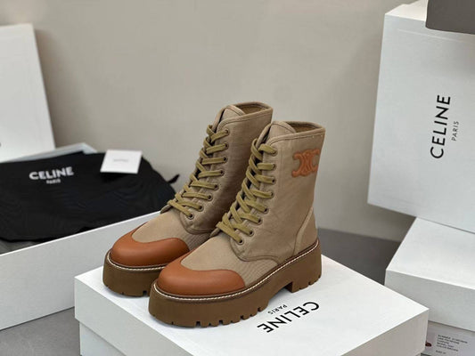 BOTTINE LACÉE CELINE BULKY NYLON & CUIR DE TAUREAU BRILLANT