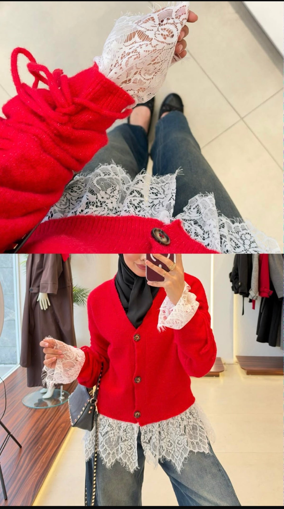 Red Knit Cardigan with Lace Blouse & Wide-Leg Denim Jeans