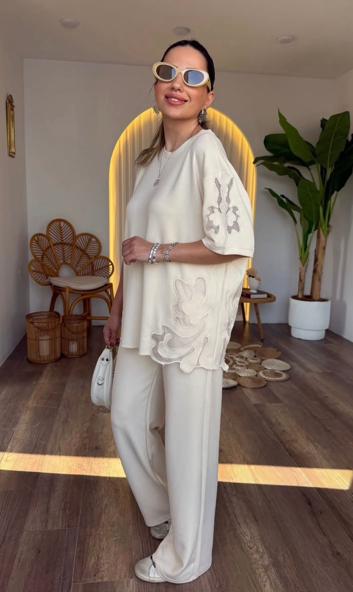 Elegant Cream Embroidered Two-Piece Lounge Set