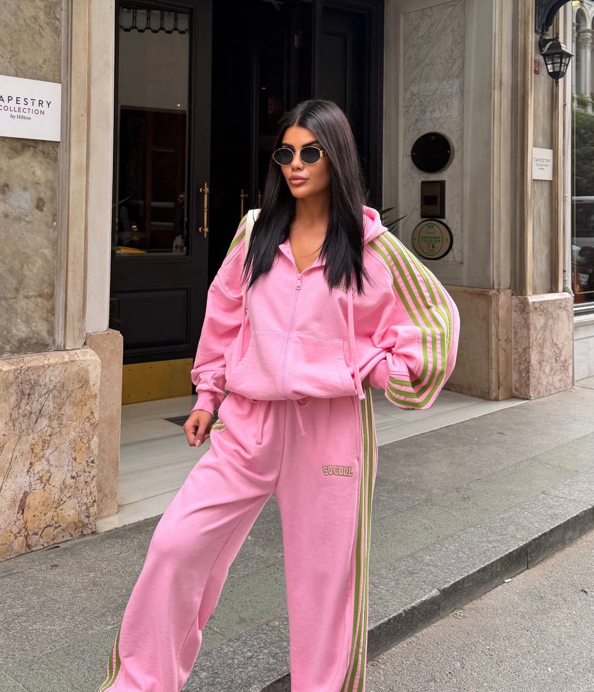Pink & Green Stripe Casual Tracksuit Set