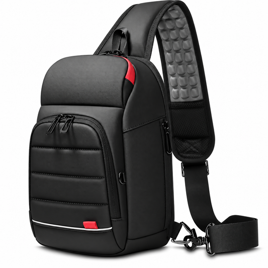 Men’s Black Crossbody Backpack with Red Accents