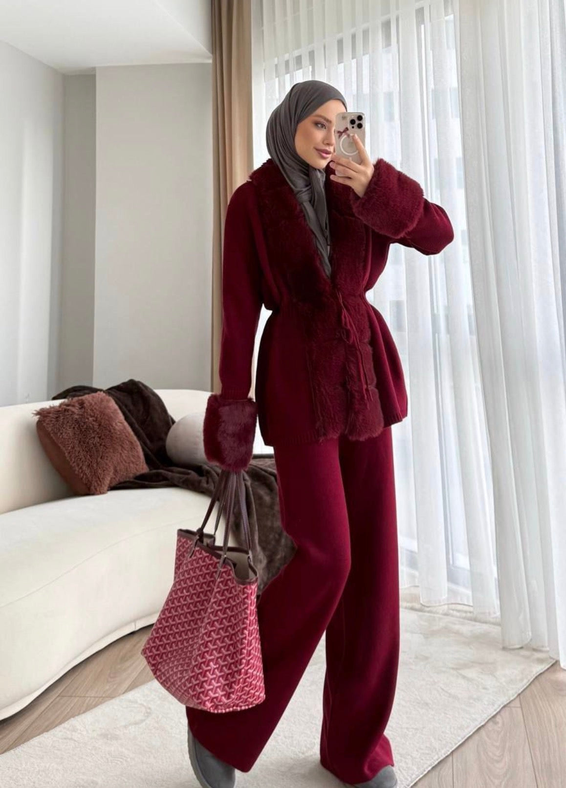 Fur-Trimmed Knit 2-Piece Set