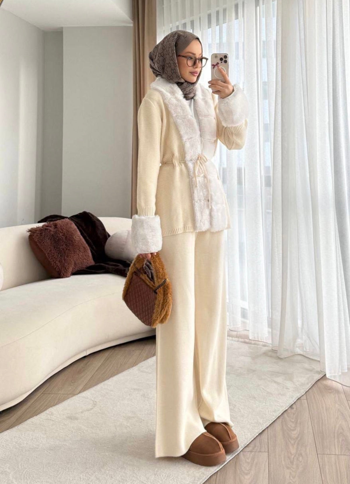 Fur-Trimmed Knit 2-Piece Set