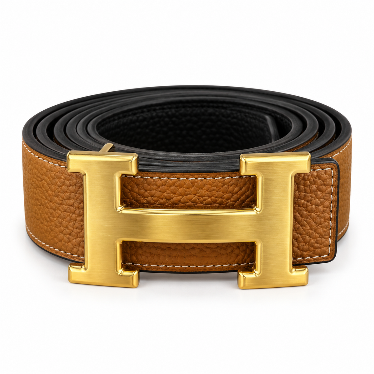 Textured Leather Belt with Gold-Tone H-Shaped Buckle