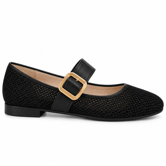 Women’s Black Mary Jane Flats with Gold Buckle & Textured Finish