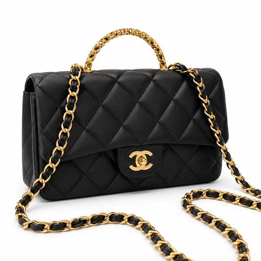 Chanel Lambskin Resin Quilted Top Handle Flap Black