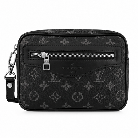 Luxury Black Monogram Leather Wristlet Clutch Bag