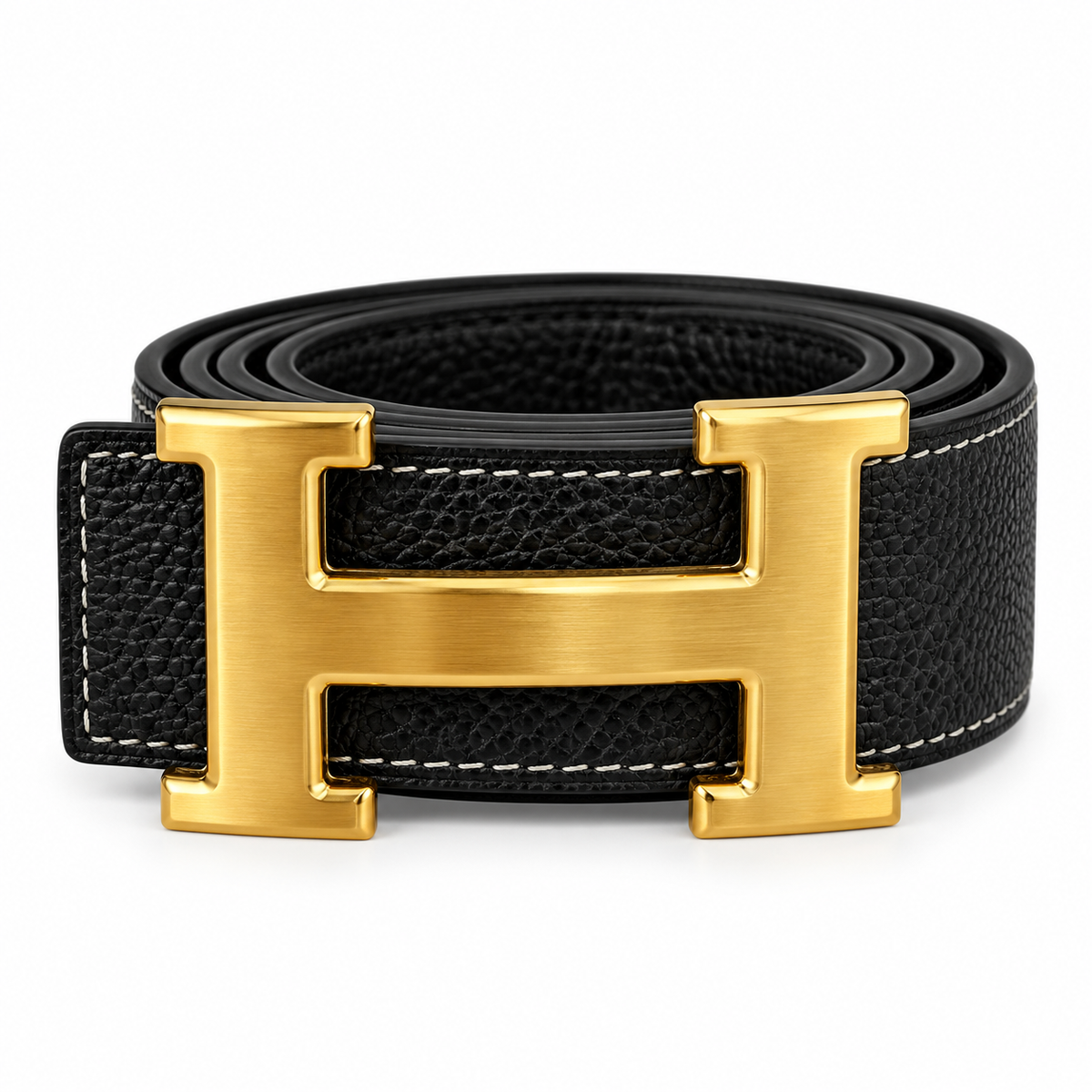 Black Textured Leather Belt with Gold-Tone H-Shaped Buckle