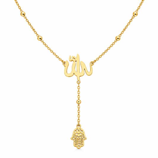 Elegant Gold-Tone Arabic Calligraphy Necklace with Hamsa Pendant
