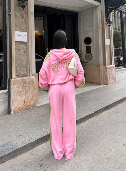 Pink & Green Stripe Casual Tracksuit Set