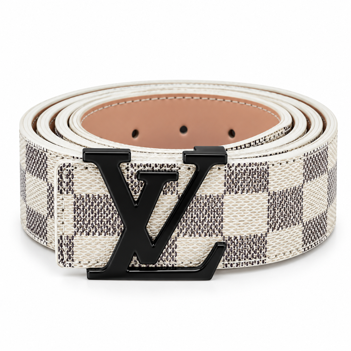 White Checkered Belt with Gold-Tone LV Buckle – Elegant Luxury Style