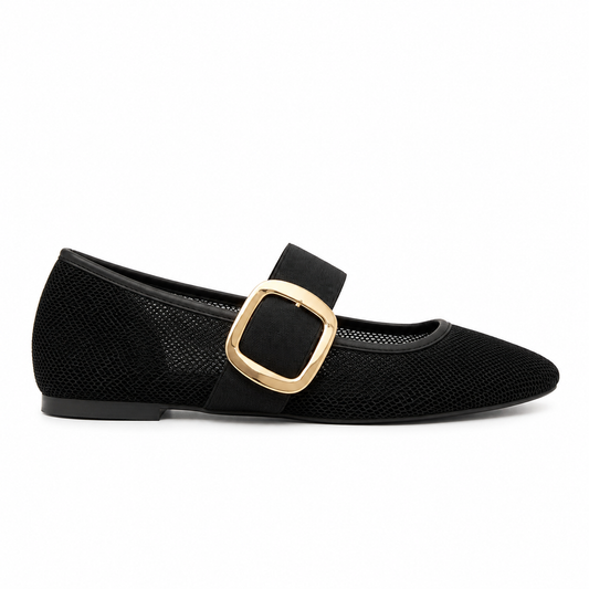 Elegant Mesh Mary Jane Flats – Black with Gold Buckle