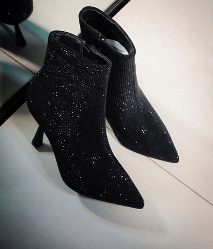 Black Rhinestone High-Heel Ankle Boots