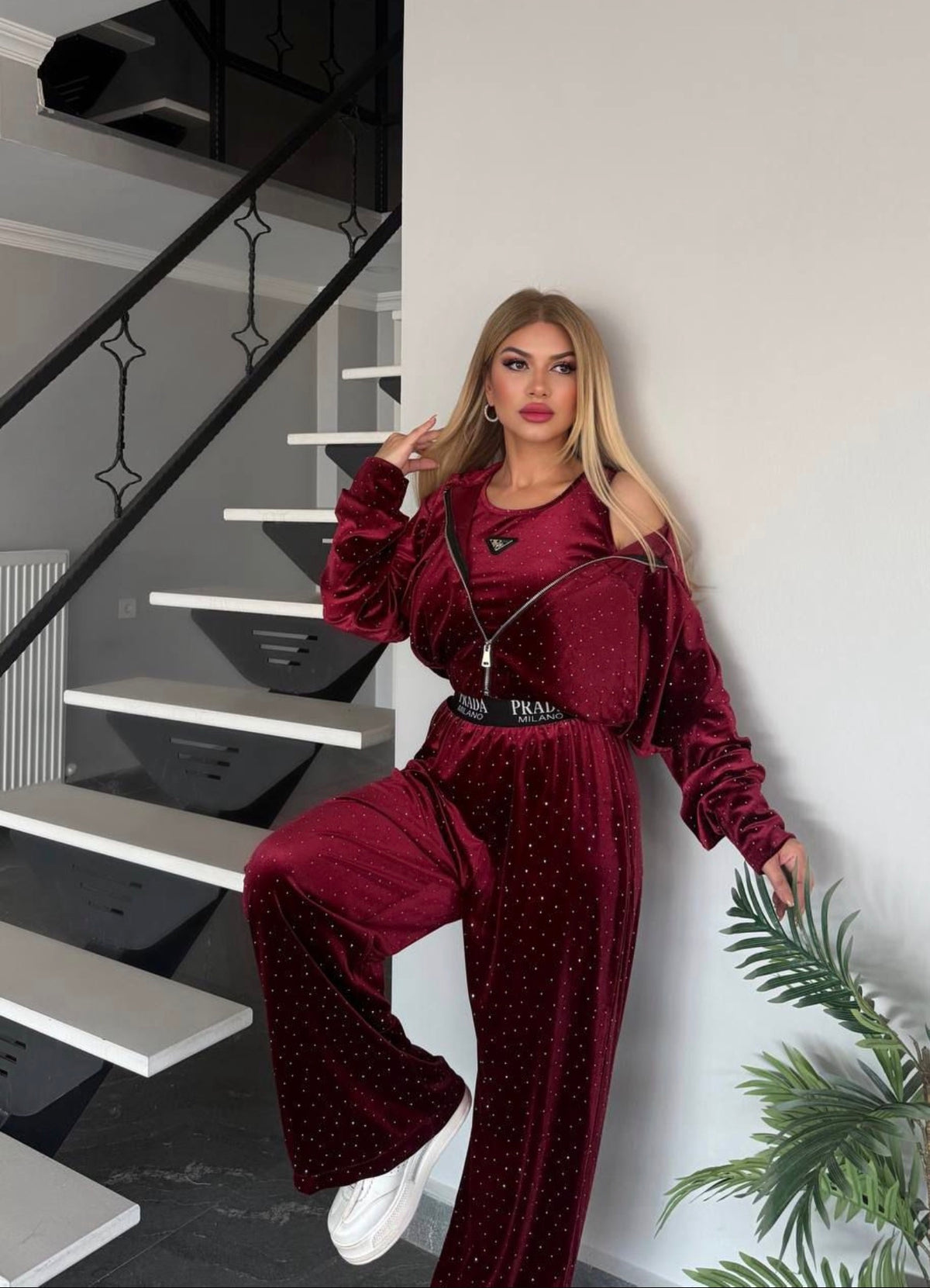 Velvet Burgundy Rhinestone Tracksuit Set