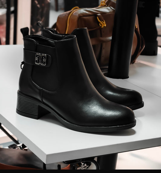 Black Leather Ankle Boots with Silver Detail