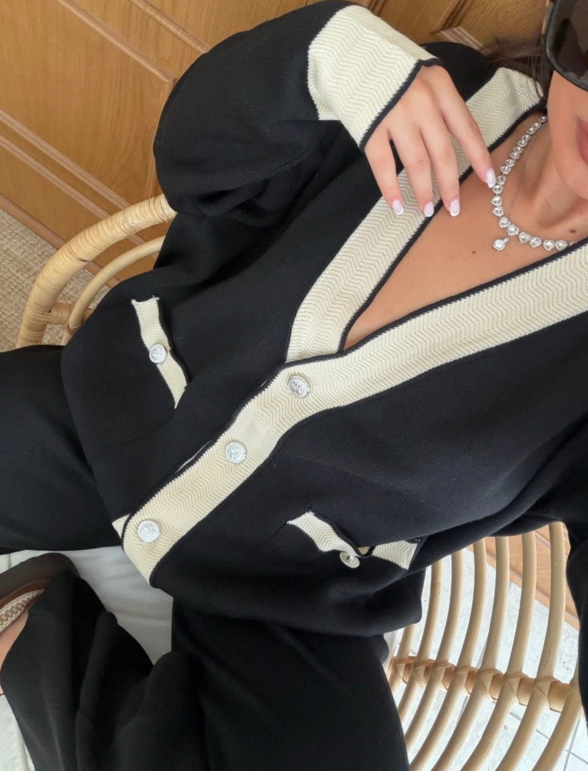 Black & Cream Elegant Knit Cardigan Set