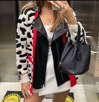Leopard Print Faux-Fur Jacket with Leather Detail