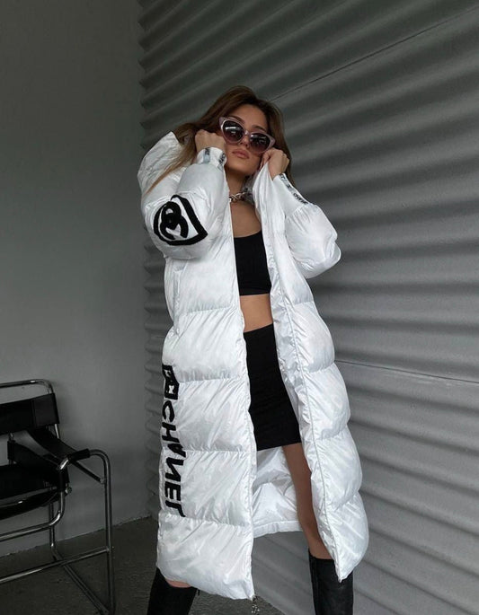 Women’s White Longline Hooded Puffer Coat