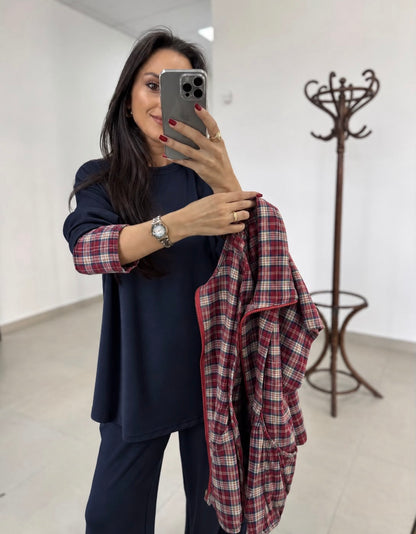 Navy & Burgundy Plaid Layered 3-Piece Set