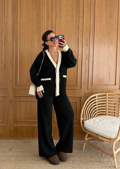 Black & Cream Elegant Knit Cardigan Set