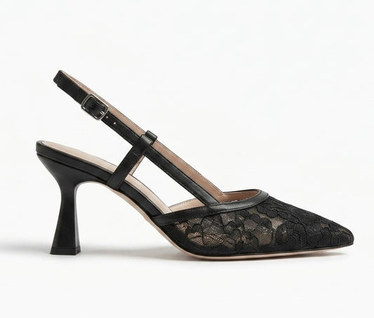 Black Lace Mesh Slingback Kitten Heels