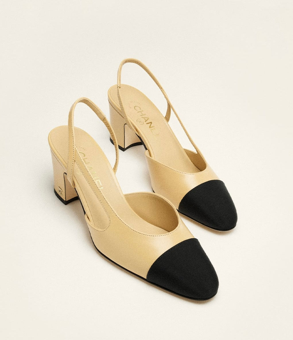 Goatskin Grosgrain Cap Toe CC Slingback Pumps 36 Black